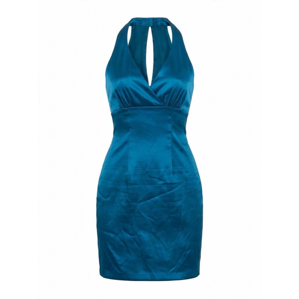Connected Apparel 10 Teal Satin Halter Mini Dress Formal Cocktail
